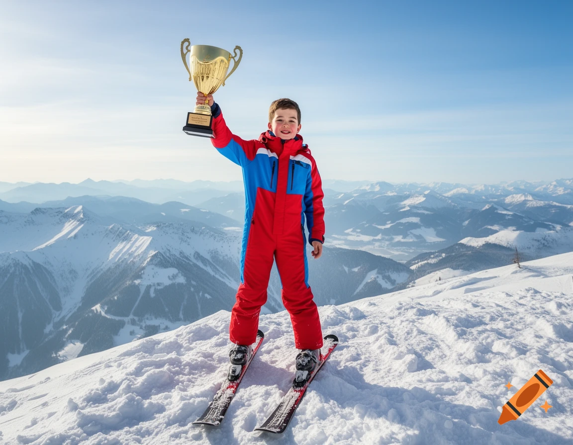 A young boy in a ski suit stands on a snowy mountain holding a golden trophy.