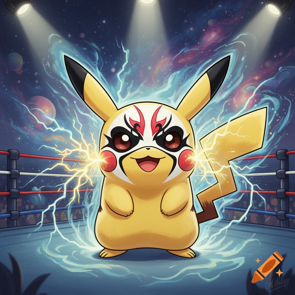 A smiling Pikachu wearing red and black face paint stands in a wrestling ring, surrounded by electric energy, under bright spotlights.
