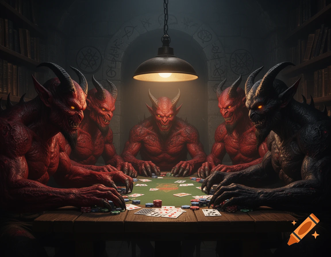 Five red and one black demon with glowing eyes playing poker under a ...