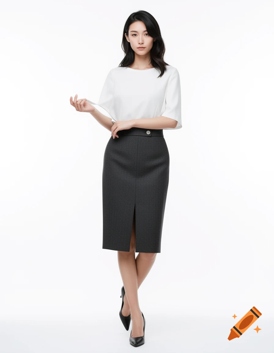 Japanese female model in a white top, dark gray pencil skirt with a front slit, and black heels, on a white studio background.