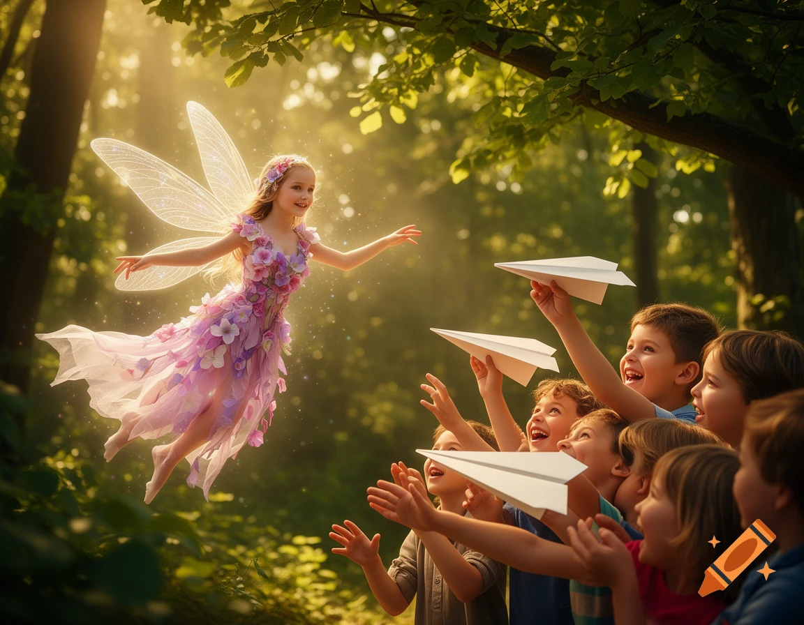 A magical fairy with iridescent wings and a floral dress floats above joyful children holding paper airplanes in a sunlit forest.