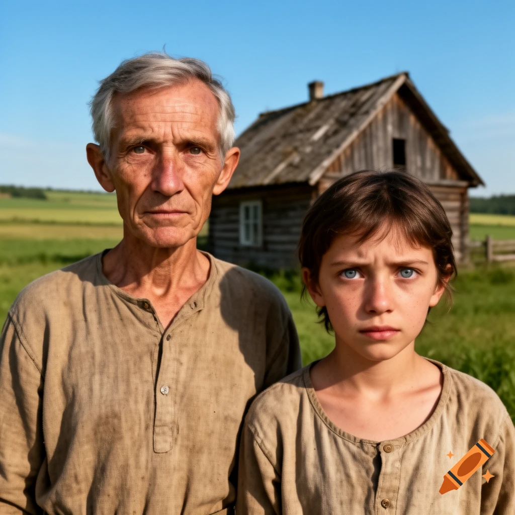 Photorealistic portrait of a gaunt older man and a serious young person in rustic clothing standing in a field in front of a wooden cabin.