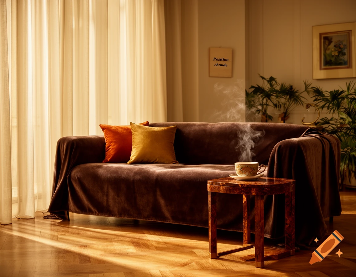 Cozy living room with a brown velvet sofa, colorful cushions, steaming cup on a table, and warm sunlight through sheer curtains.