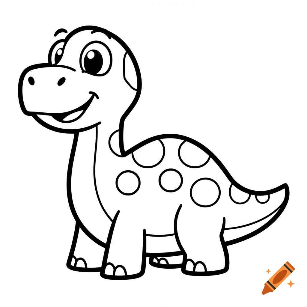 A smiling cartoon dinosaur with spots, depicted as a black and white coloring page.