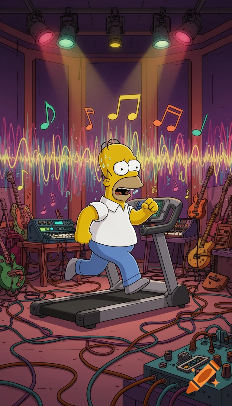 Homer Simpson sweats profusely while running on a treadmill in a vibrant, disorganized music studio, surrounded by instruments, cables, and floating musical notes in cartoon style.