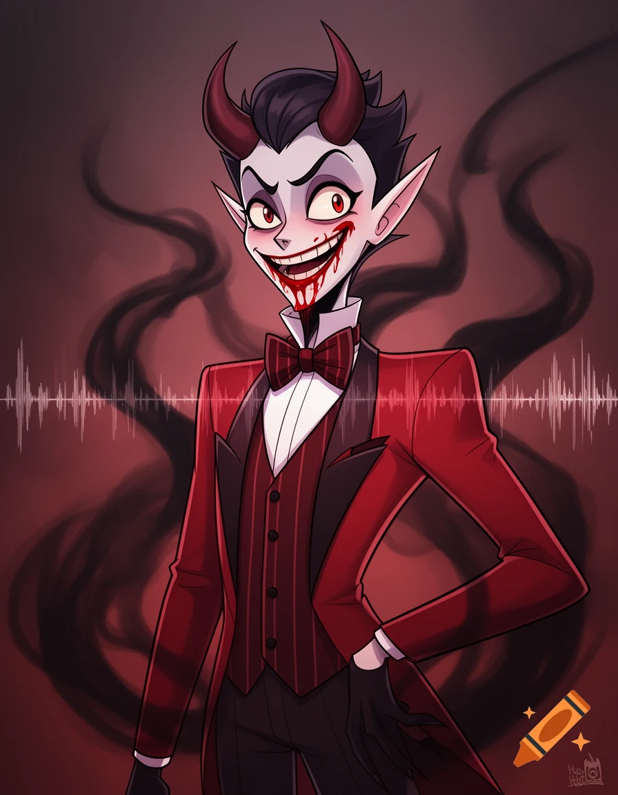 Alastor from Hazbin Hotel, a grinning demon in a red suit, with a bloody mouth and horns, against a red background with sound waves.