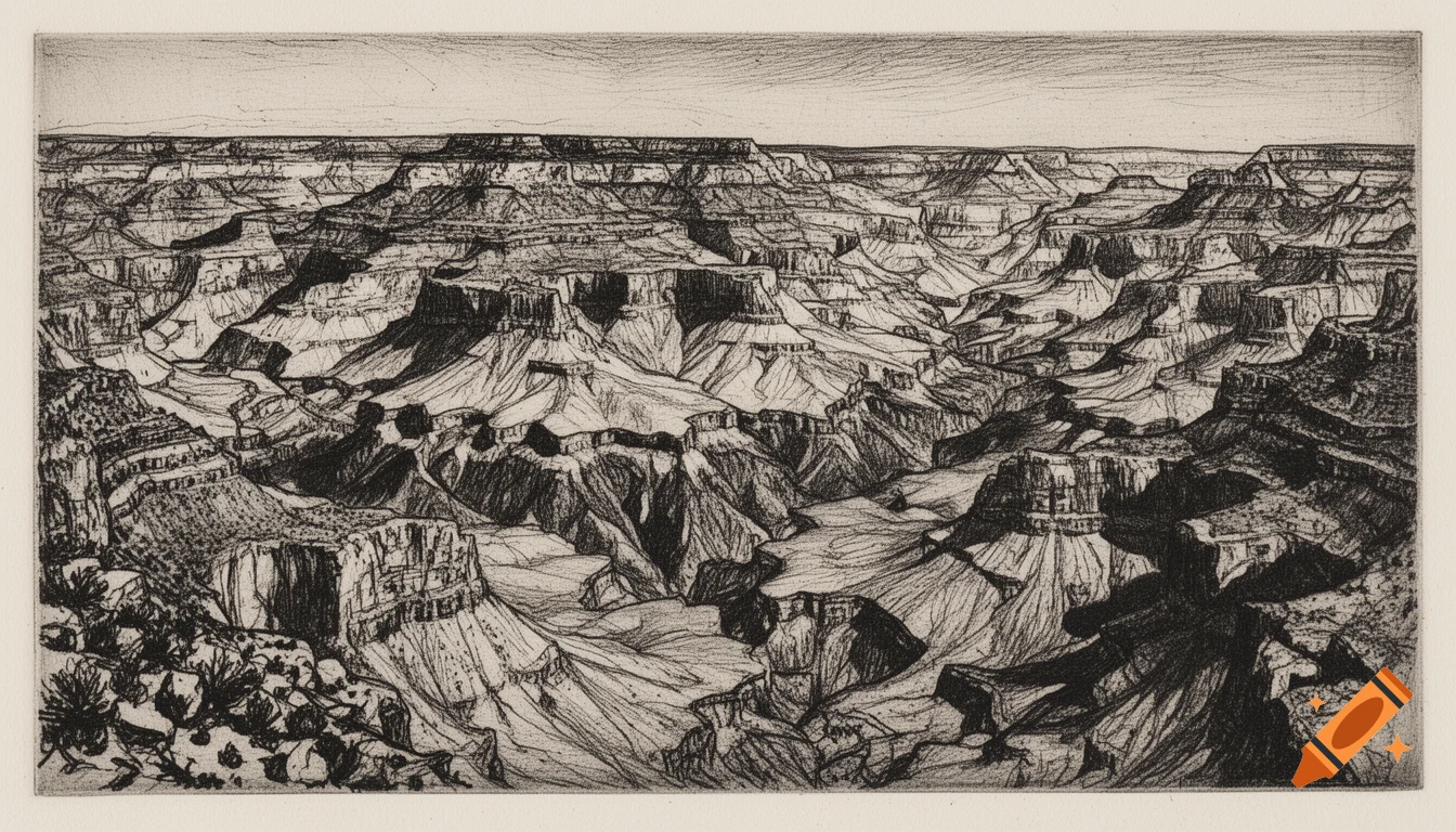 Black and white pen and ink etching of a vast, rugged canyon landscape with dramatic shadows and intricate details.