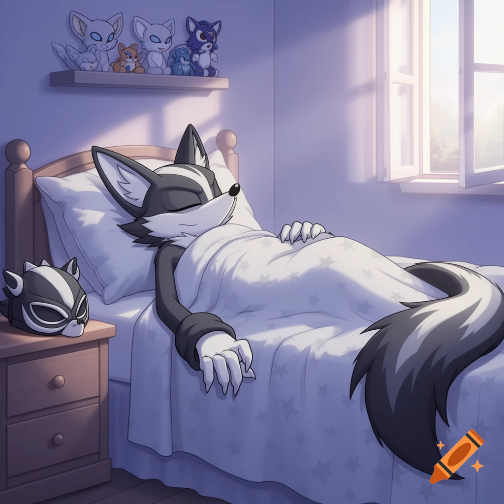Infinite the Jackal, a black and white character, sleeps in bed with a mask on the nightstand, bathed in morning light.