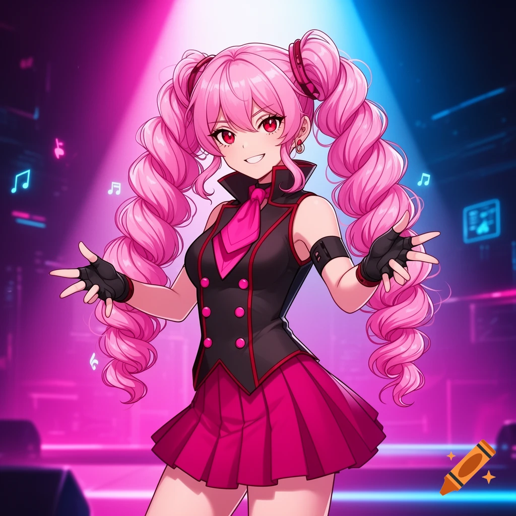 A pink-haired anime girl with pigtails and red eyes, wearing a black and pink performance outfit, posing on a stage with neon lights and musical notes.