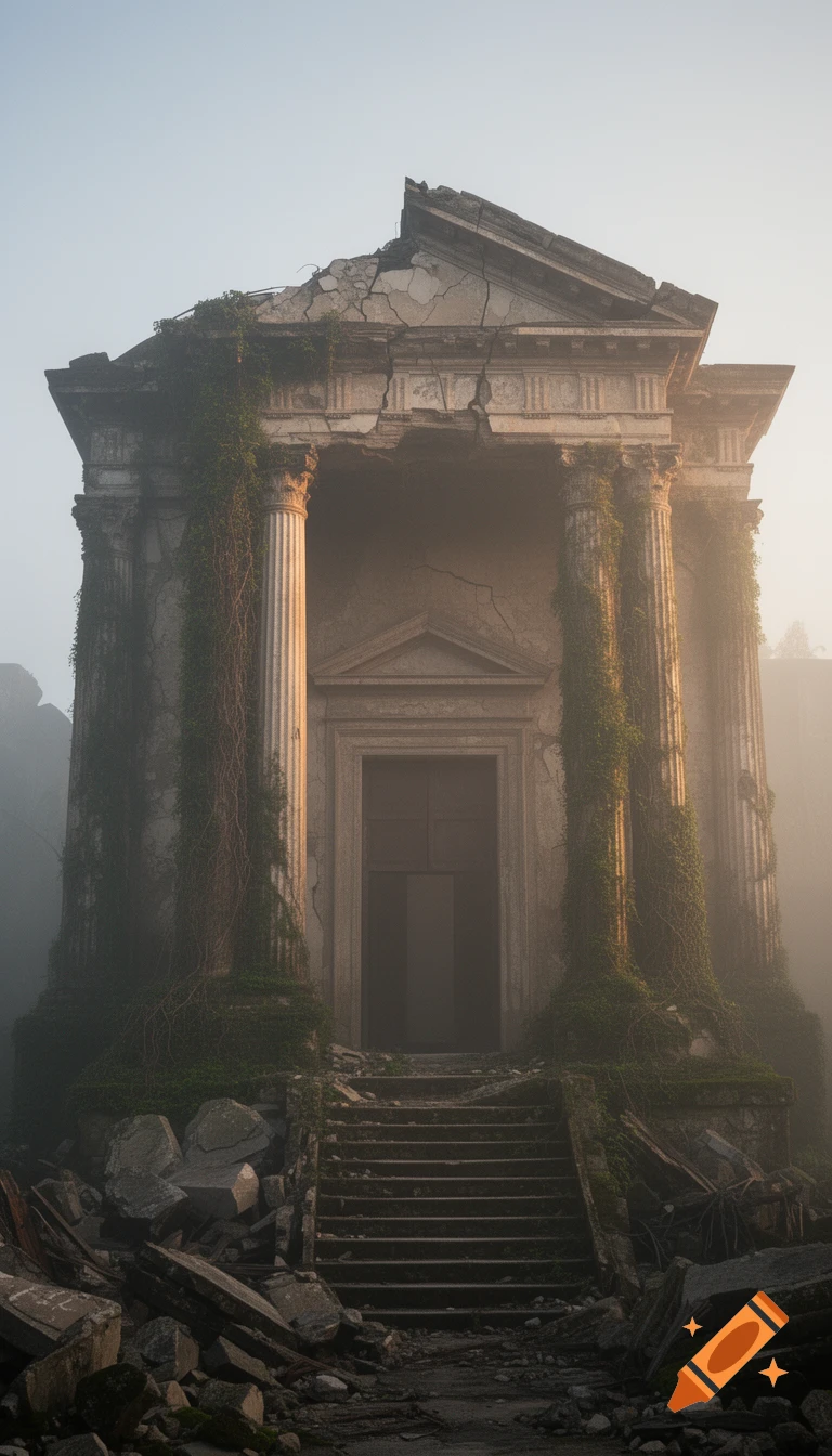 An ancient, ruined classical building, overgrown with vines, shrouded in soft fog at golden hour, surrounded by rubble.