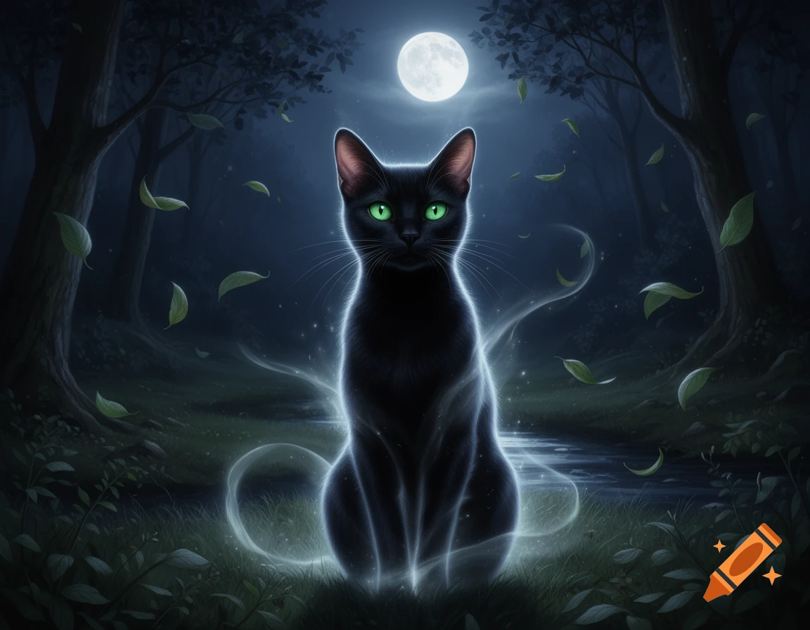 Mystical black cat with glowing green eyes and outline in a dark forest ...