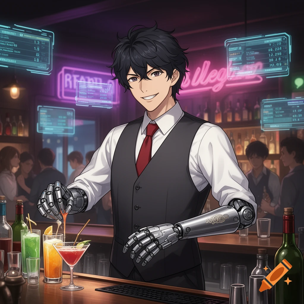 An anime-style bartender with mechanical arms smiles while pouring a drink in a futuristic bar with glowing screens and neon signs.