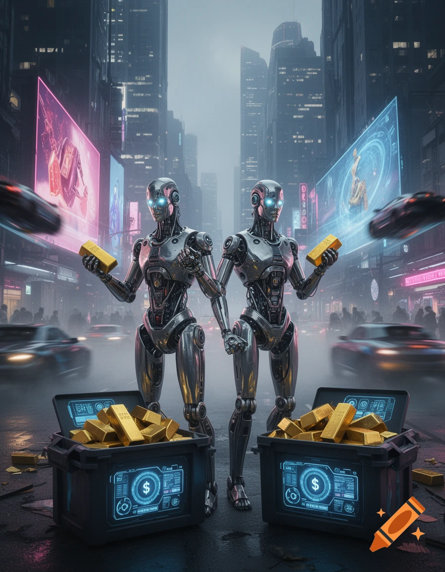 Two metallic robots holding gold bars stand in a futuristic city street with open crates of gold, motion-blurred flying cars, and glowing billboards.