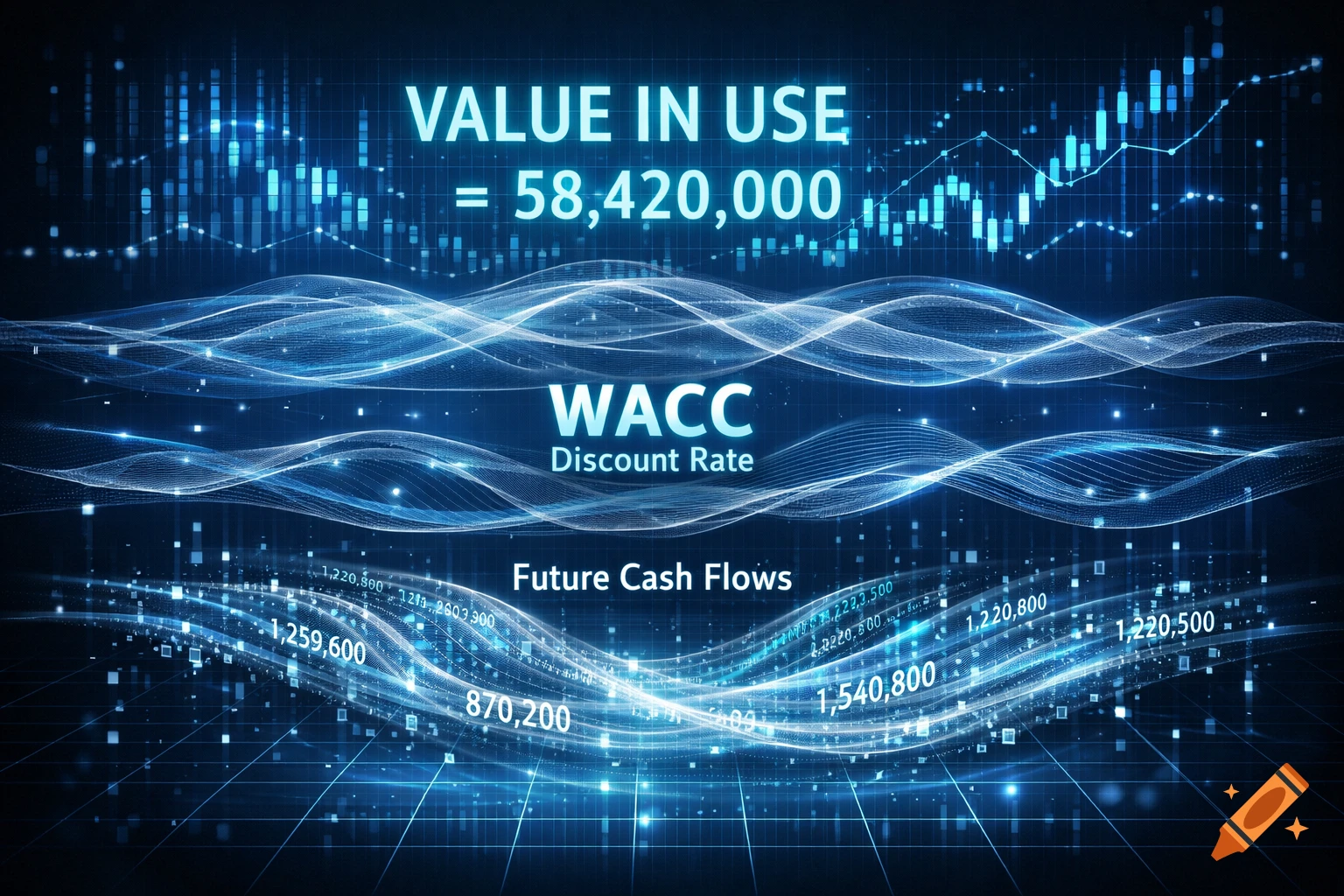 A digital financial data visualization on a blue background, displaying "VALUE IN USE = 58,420,000", "WACC Discount Rate", and "Future Cash Flows" with glowing wavy lines and numbers.