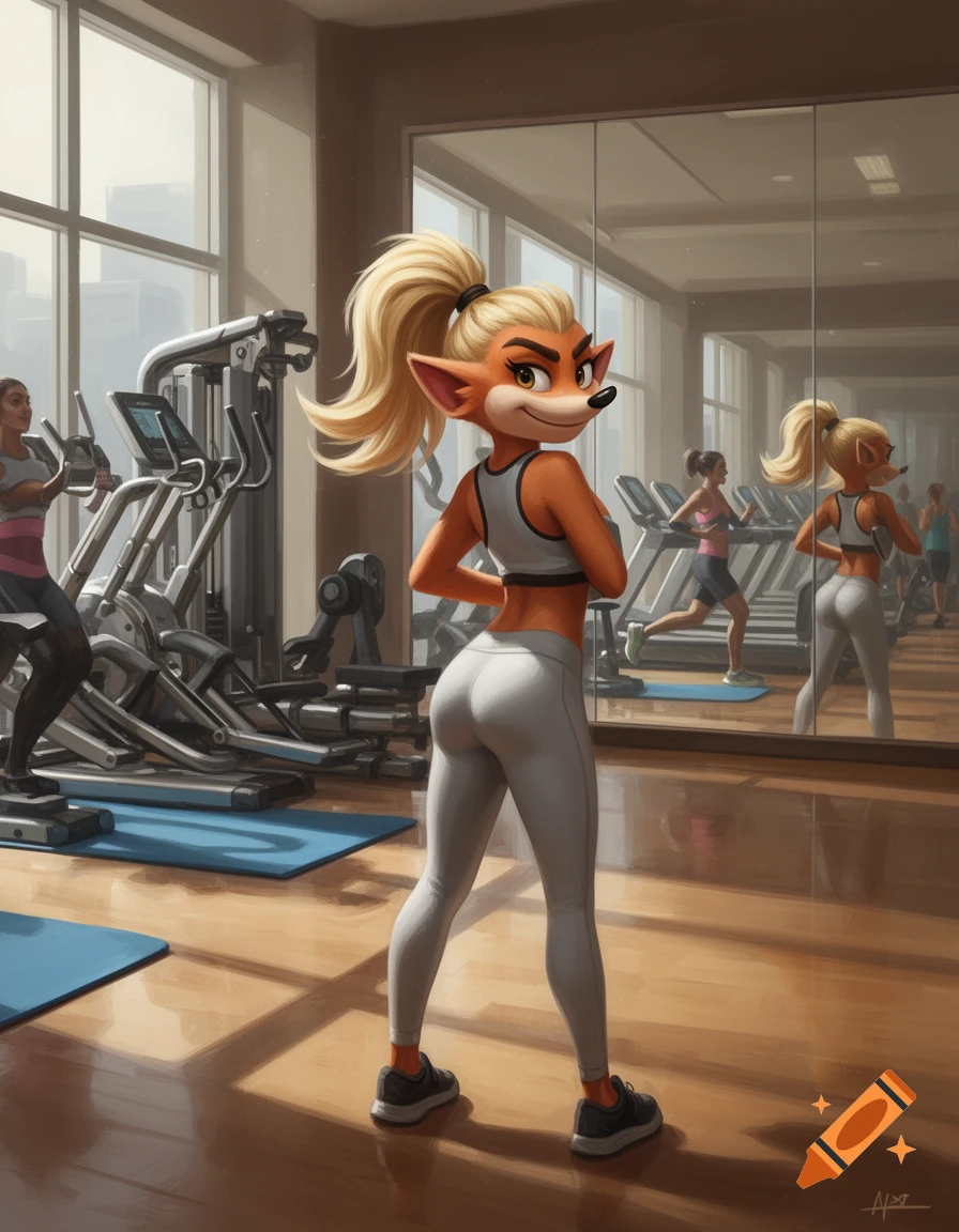 Coco Bandicoot, an anthropomorphic character, stands in a gym wearing a sports bra and light gray leggings, looking back over her shoulder. Gym equipment and mirrors are in the background.