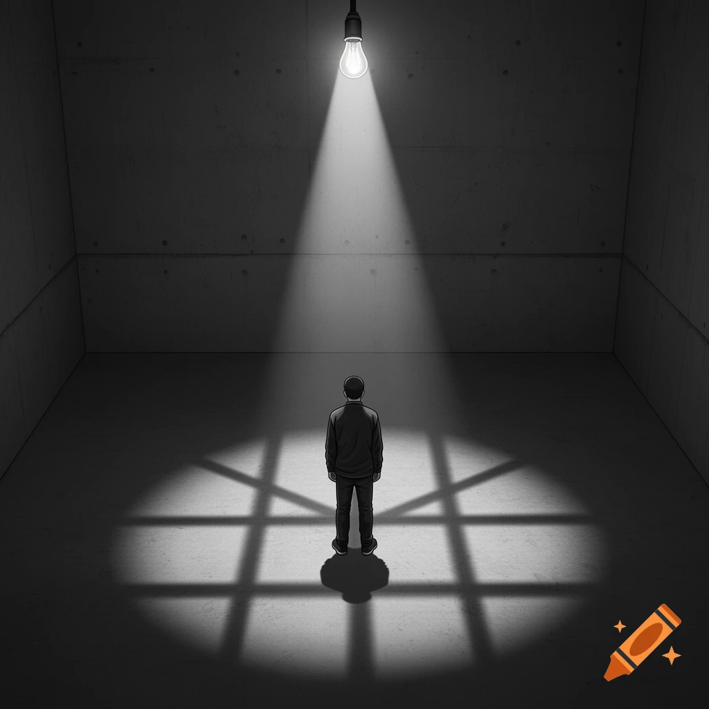 Monochrome, high-contrast image of a lone person in an empty concrete room, illuminated by a single spotlight casting dramatic shadows.