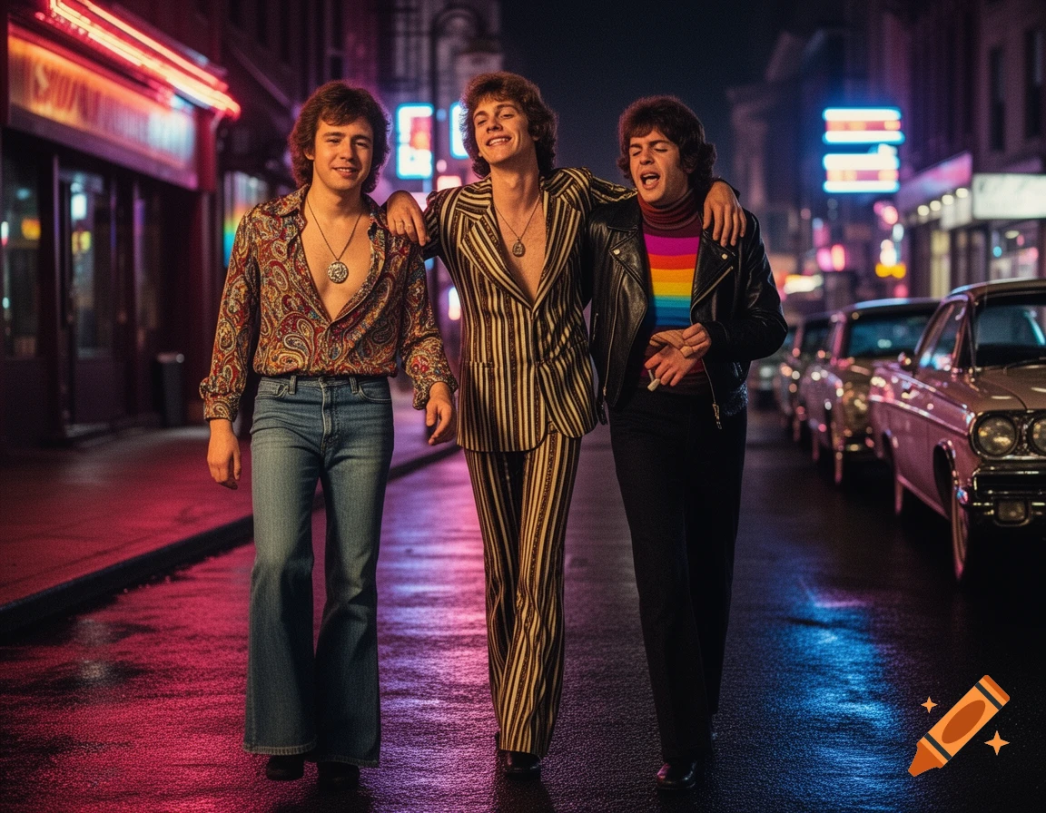 Three young men in 1970s fashion walk arm-in-arm down a neon-lit city street at night, with vintage cars parked.