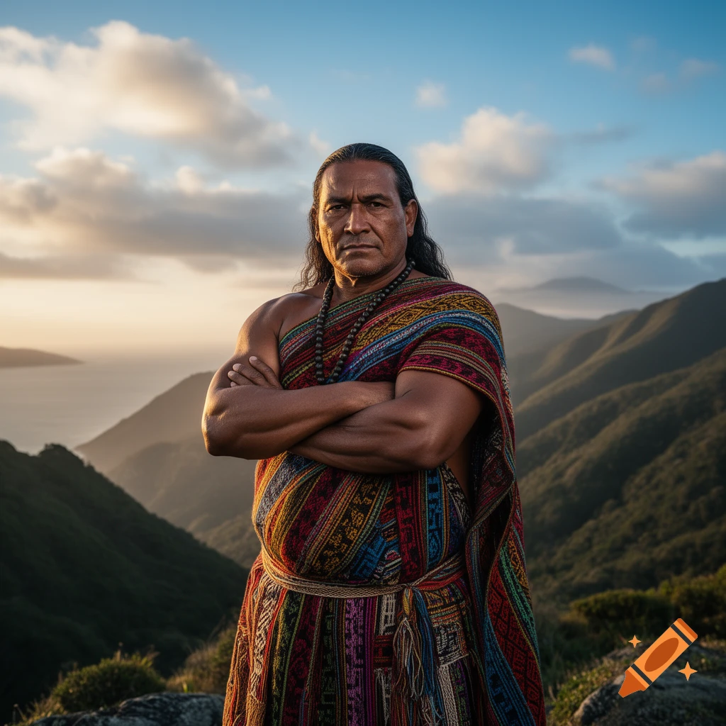 Photorealistic portrait of an Indigenous man in traditional clothing with crossed arms, standing on a mountain overlooking a scenic ocean at sunset.
