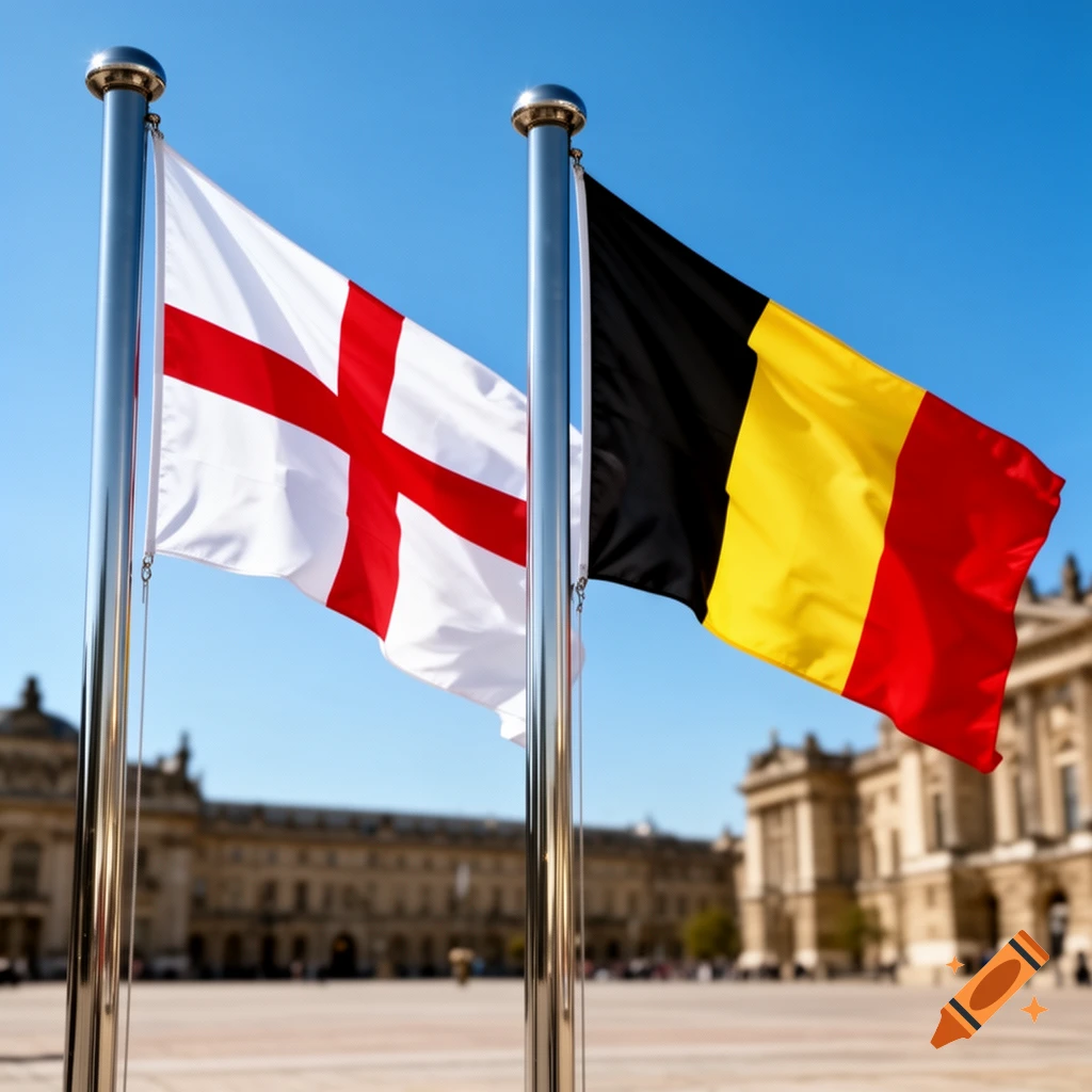 Flags of England and Belgium fly from two metal poles against a clear blue sky, with blurred classical buildings in the background.
