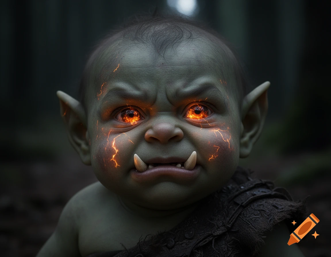 Close-up of a green-skinned baby orc with pointed ears, tusks, and glowing orange fiery eyes with lightning-like cracks on its skin, against a dark forest background.