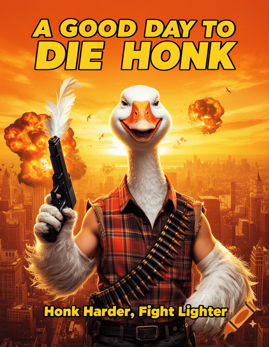 An anthropomorphic goose smiles holding a gun with a feather in the barrel, standing before a city at sunset with explosions. Text reads "A GOOD DAY TO DIE HONK" and "Honk Harder, Fight Lighter".
