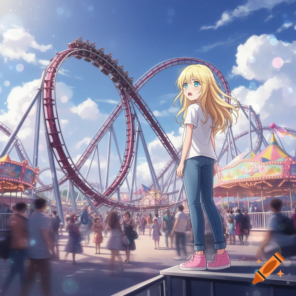 A blonde anime girl with blue eyes looks surprised or scared in an amusement park, standing in front of a red roller coaster and a colorful carousel.