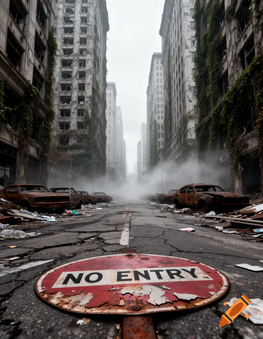 A photorealistic deserted city street with a rusty "NO ENTRY" sign on cracked pavement. Dilapidated buildings and abandoned cars appear in fog.