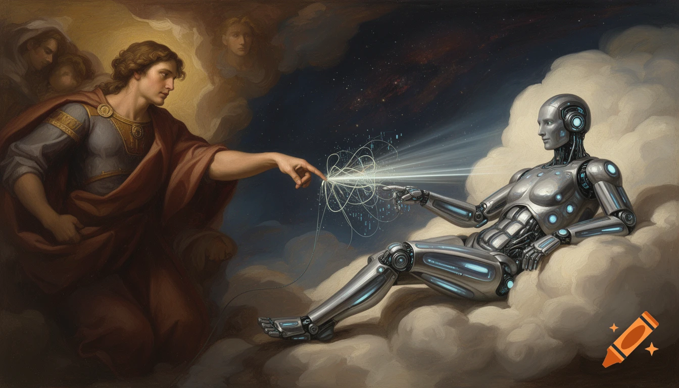 Renaissance-style painting of a human figure on a cloud reaching to touch the finger of a metallic robot, with energy between them.