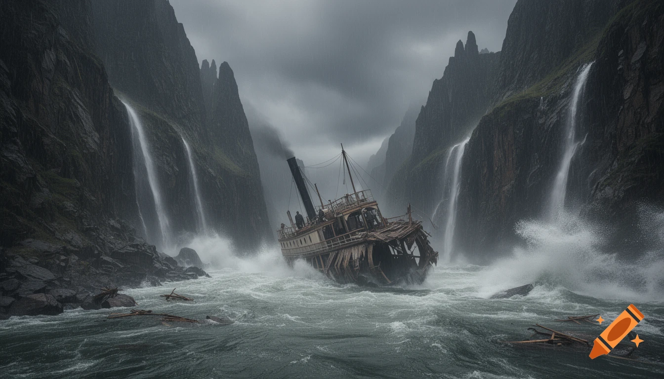 A damaged 19th-century steamboat struggles in a violent, photorealistic storm within a narrow rocky gorge with towering cliffs and waterfalls.