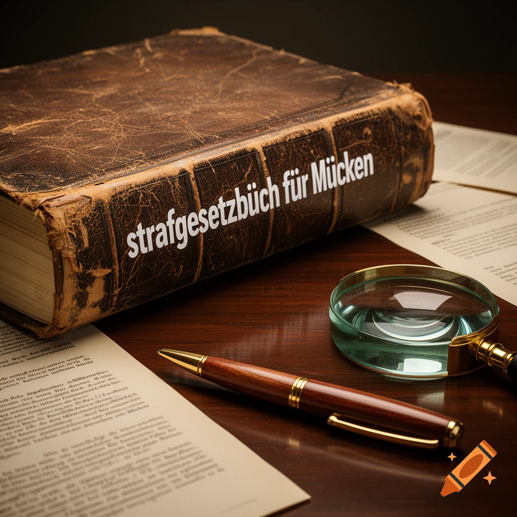 An old brown leather-bound book titled 'strafgesetzbüch für Mücken' next to a magnifying glass and a pen on a wooden desk.