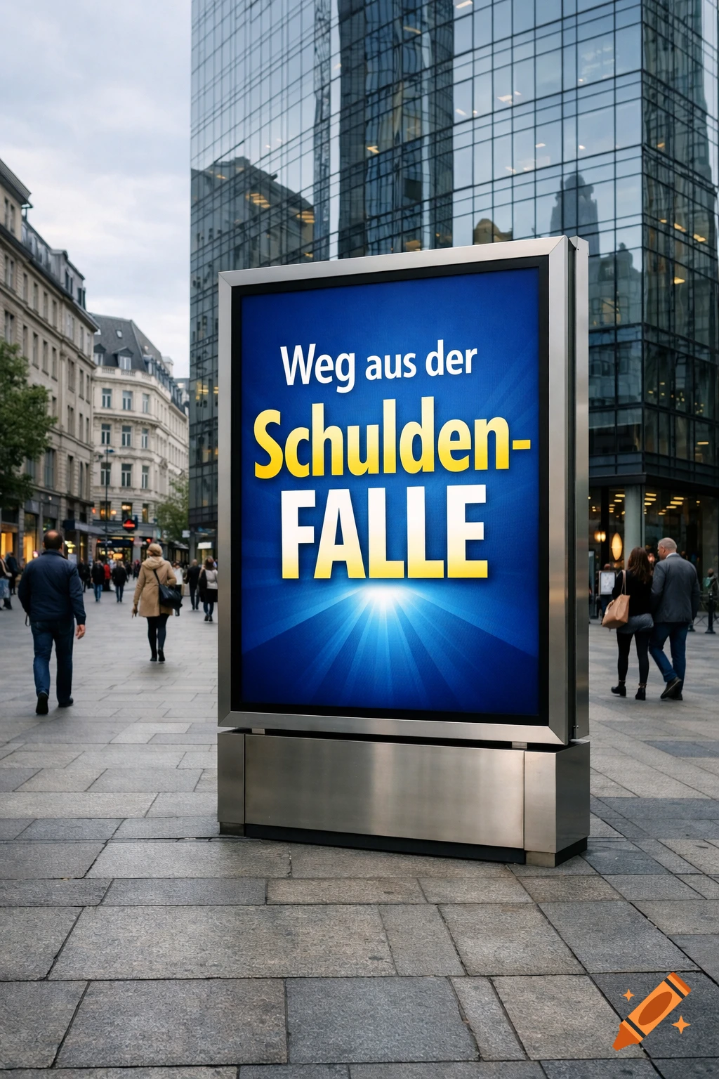 A billboard on a city street displays the German text "Weg aus der Schulden-FALLE" on a blue background.