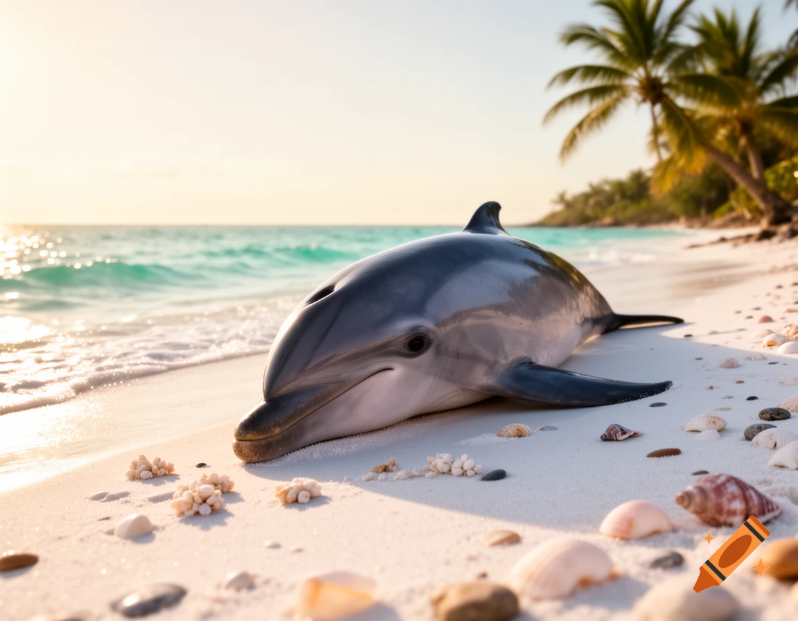 A photorealistic image of a dolphin lying on a sunny white sand tropical beach with seashells, turquoise ocean, and palm trees in the background.