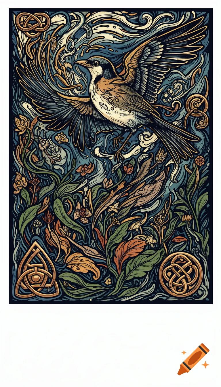 Intricate linocut illustration of a bird with spread wings, surrounded by swirling plants and Celtic knot patterns.