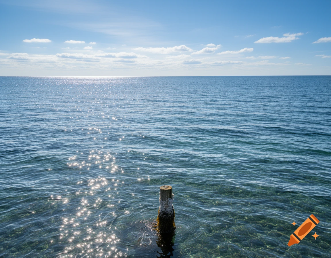 Calm blue sea with sunlight glistening on the water, a clear sky, and a single weathered wooden post emerging from the depths.