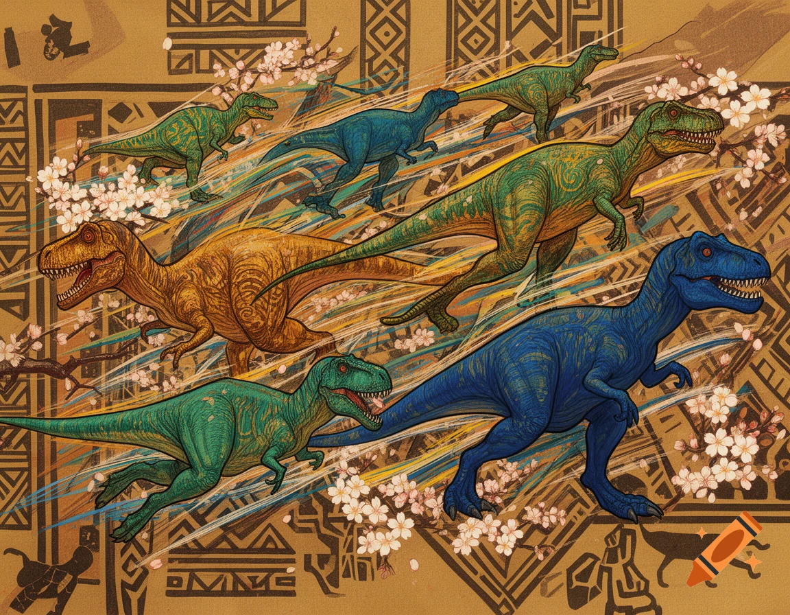 An art piece depicting several colorful dinosaurs running amidst cherry blossoms, with a background featuring abstract patterns inspired by Japanese and African art.