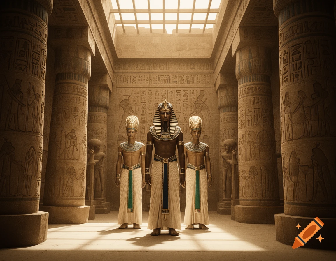 Three ancient Egyptian pharaohs stand regally in a grand temple hall with carved pillars and hieroglyphic walls under a skylight.