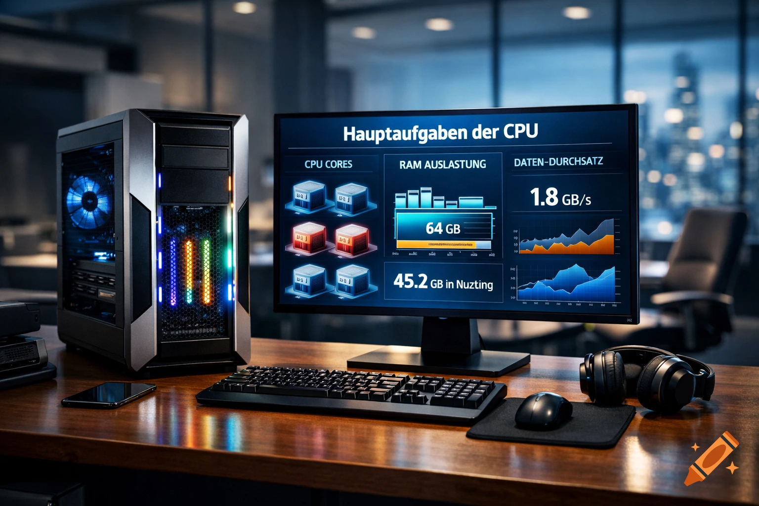 A desktop computer setup with a gaming PC tower, monitor displaying CPU statistics, keyboard, mouse, headphones, and a smartphone on a wooden desk.
