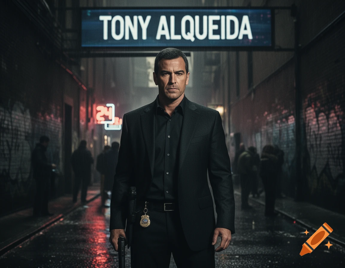 A serious man in a black suit with a gun stands in a dark, wet alley under a 'TONY ALQUEIDA' sign, with neon lights and blurred figures.