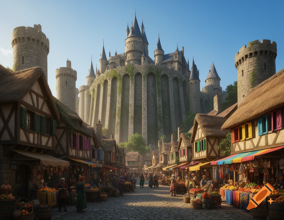 A bustling medieval marketplace street leads to a majestic castle with tall buttresses and spires under a clear blue sky.