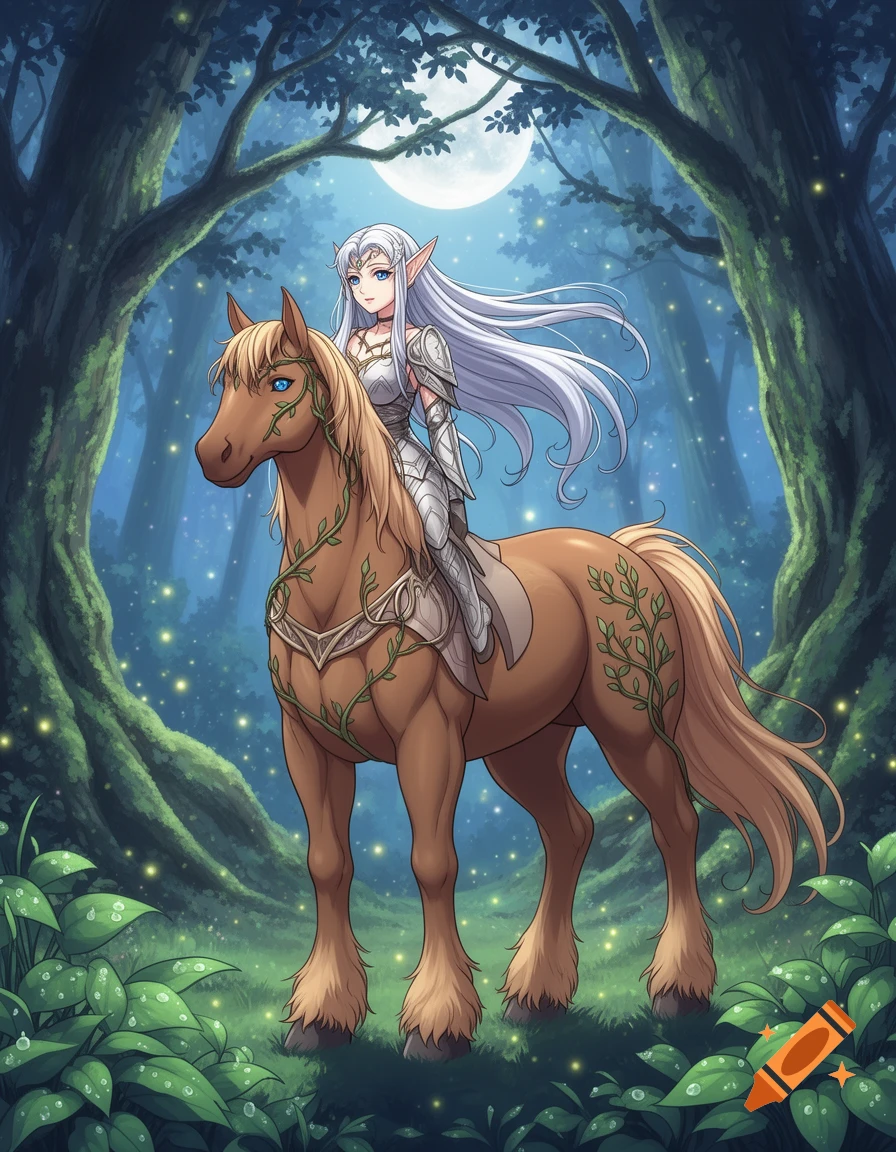 An anime elf woman with long white hair rides a brown horse adorned with vines through a moonlit forest.
