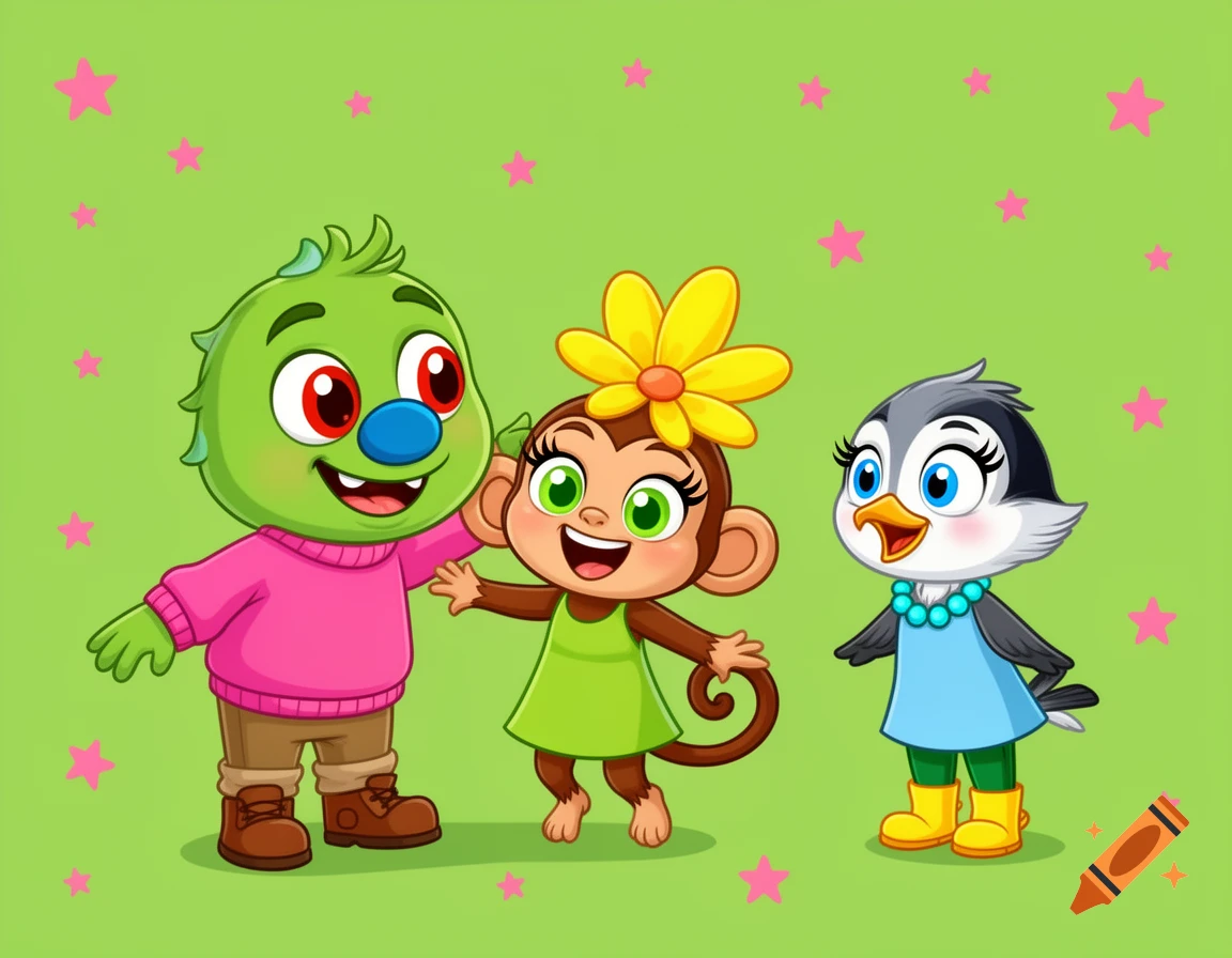 A cartoon green monster tickles a monkey, with a chickadee nearby, on a green background with pink stars.