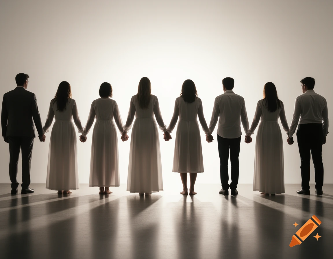Rear view of seven people holding hands, silhouetted against a bright white background, with long shadows stretching forward.