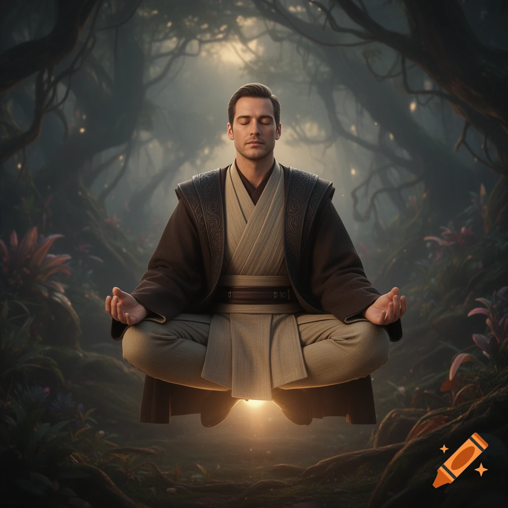 A man in Jedi-like robes levitates in a meditative pose amidst a mystical, misty forest with glowing light.