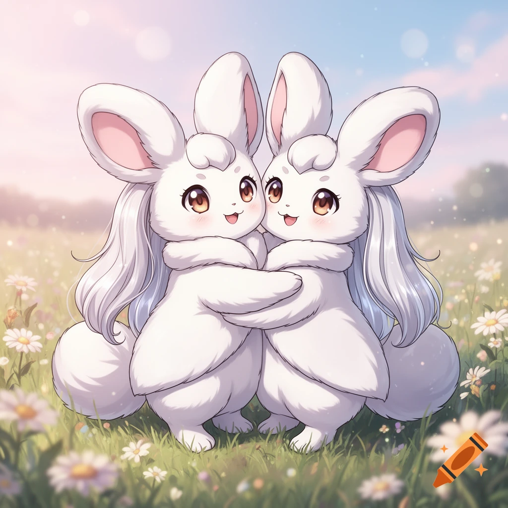 Two cute white fluffy anime creatures with long ears and hair hug in a sunny field of white flowers.