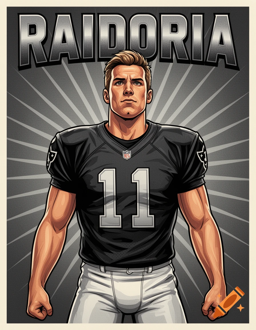 A cartoon drawing of a muscular man in a black football jersey with number 11 and an NFL logo. The word "RAIDORIA" is above his head, against a gray background with sun rays.