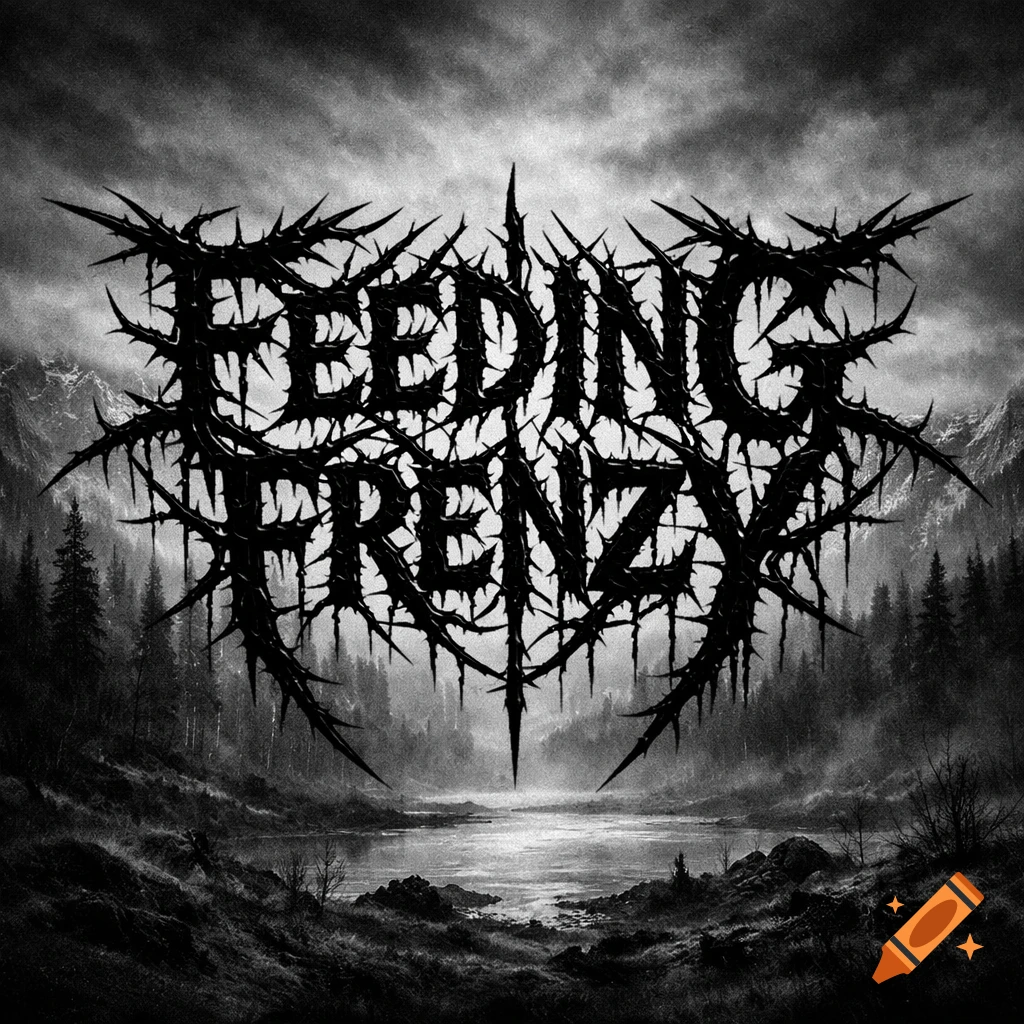 Spiky black metal logo 'FEEDING FRENZY' over a dark, moody black and white landscape of mountains, forests, and a lake.