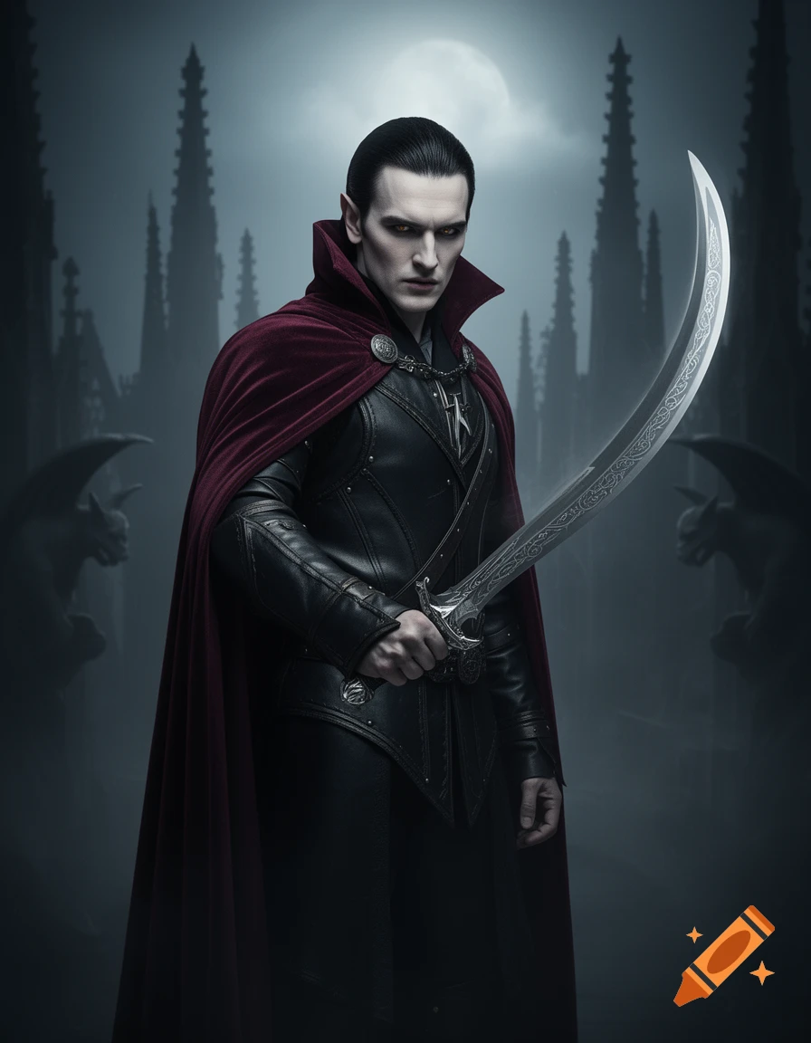 A male vampire in a red cape and leather armor holds a curved sword ...