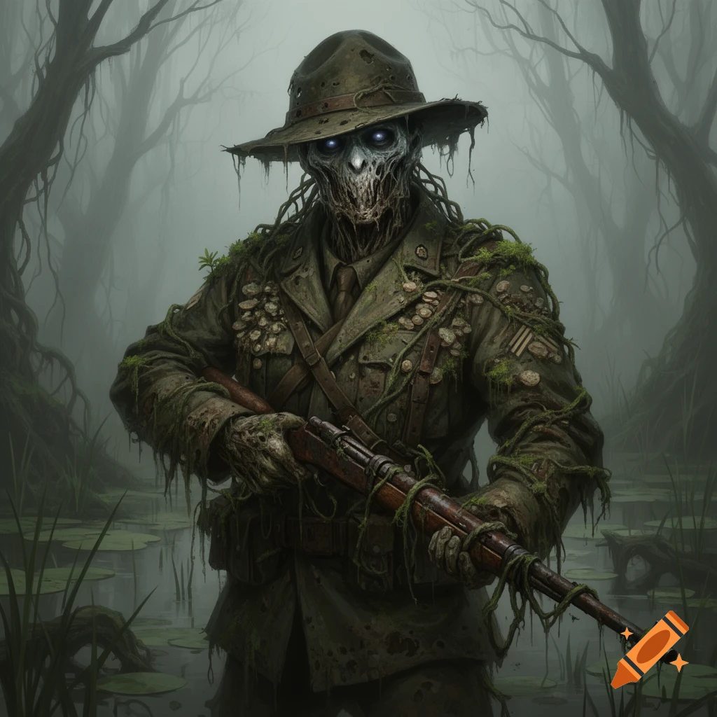 A terrifying, moss-covered undead swamp creature in a decayed military uniform and hat, holding a rusted rifle in a foggy swamp.