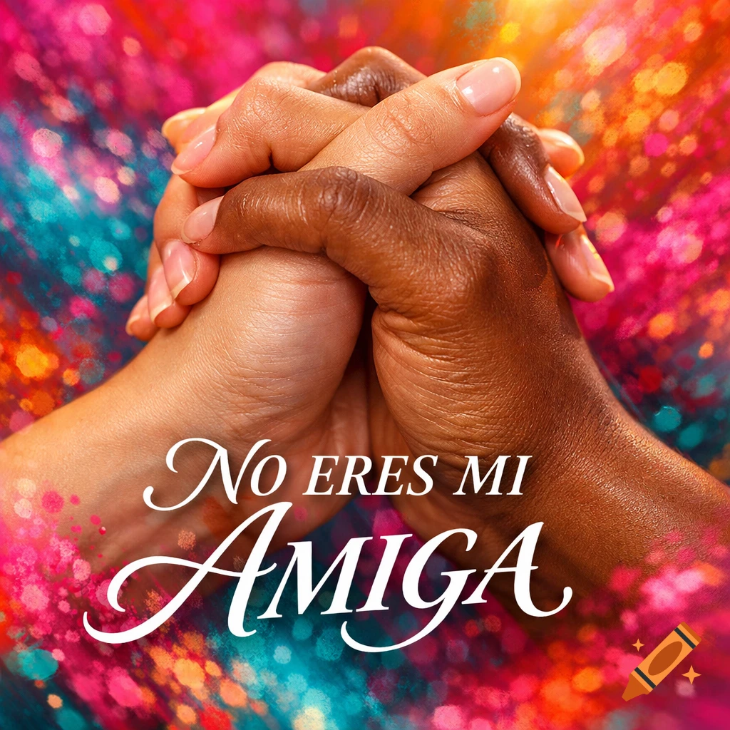Two diverse hands clasped together against a vibrant, blurry background, with the text 'No eres mi Amiga' in white script.