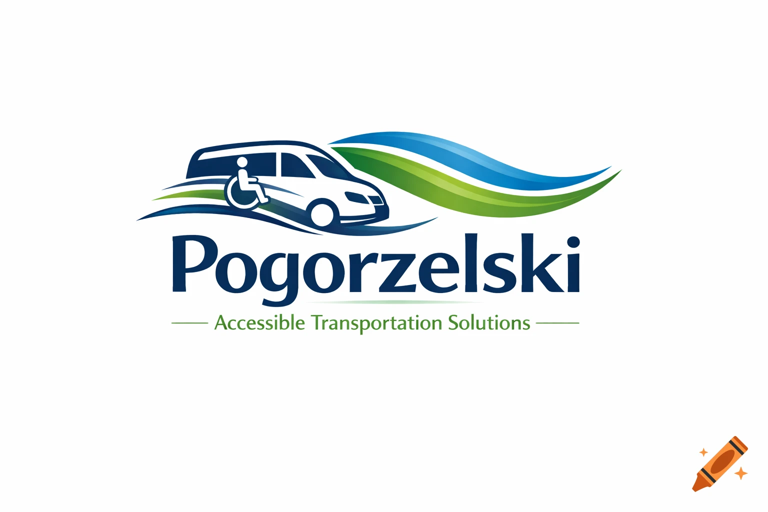A logo for Pogorzelski Accessible Transportation Solutions, featuring a white van with a wheelchair symbol, and blue and green waves.